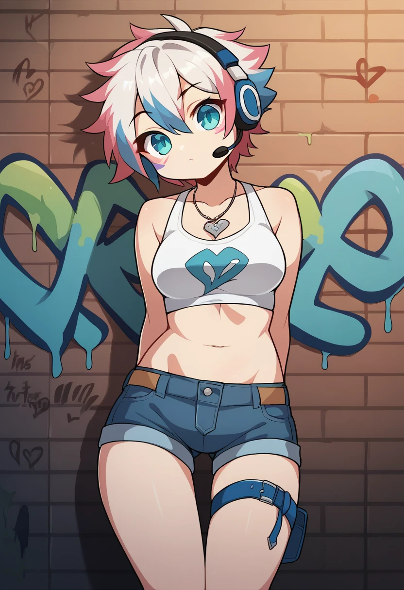 Tafah, Best quality, 1girl, Single, Crop top, Denim shorts, necklace, (Graffiti:1.5), paint splashes, Arms behind the back, Against the walls, Looking at the viewer, badge, Thigh belt, Paint on the body, Head tilt, Monotonous, Multicolored hair, Watery eyes, Headset,