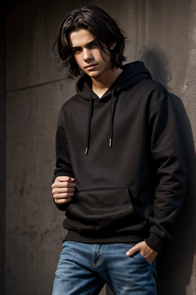 A teenage boy with shoulder-length dark brown hair somewhat emo style with shadows around, dark brown eyes not so dark, medium pale skin, mole on the right cheekbone, not so noticeable, medium loose black hoodie not so close to the body, dark gray blue jeans, medium loose not so tight, slightly loose, black gloves without covering the fingers, cry of fear game design style