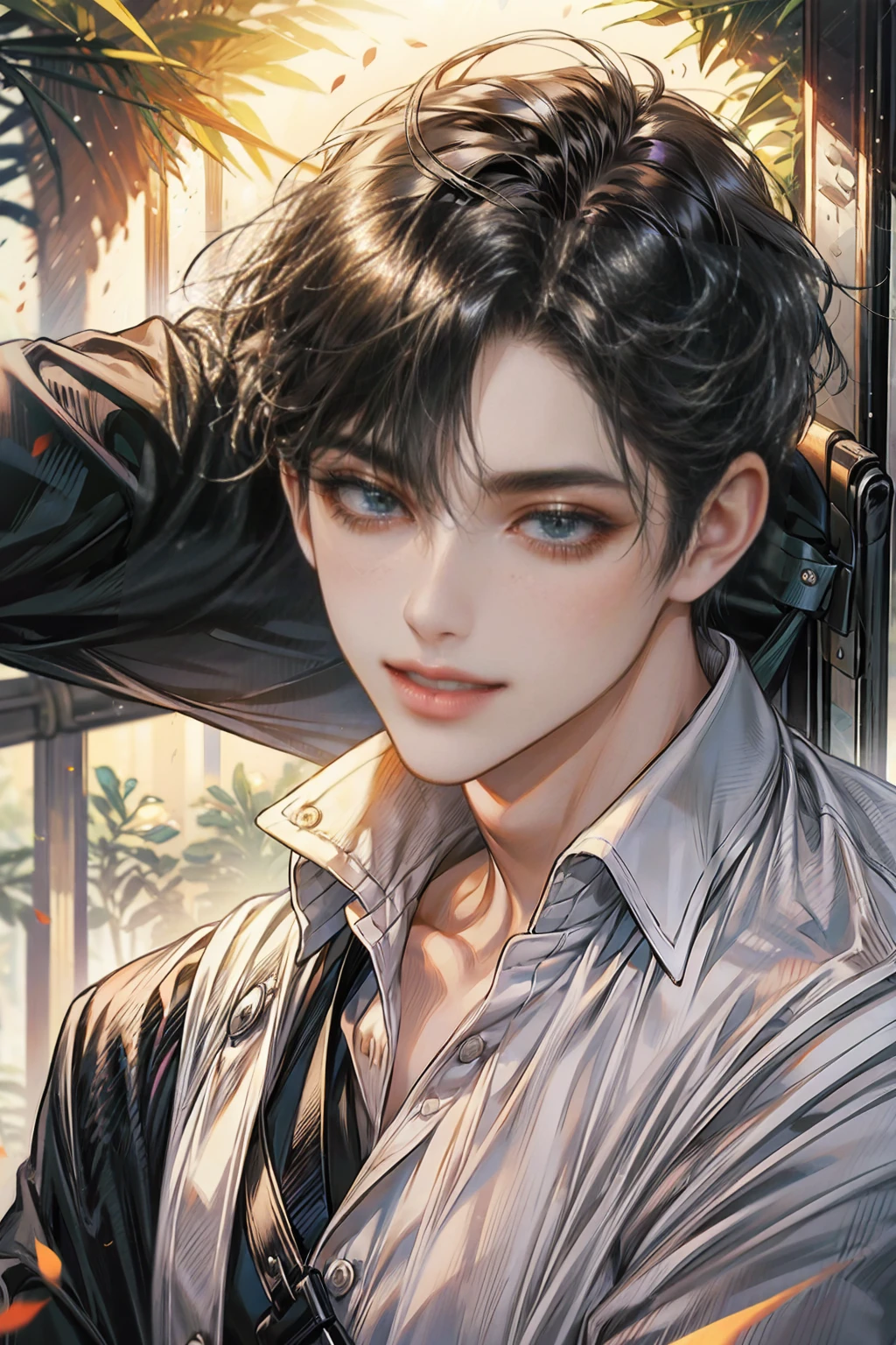 1 male high school student,Face focus,shoun,Young men,with short black hair,high school senior,Simple ,white shirt,tiese,trouser,the sky background,beautidful eyes,best qualtiy,detail in face,school ground,Playground guardrails,Background of details,Diffused sunlight,depth of fields,Background bokeh,(tmasterpiece,best qualtiy)anime,1boy,1man,1 male,boy 18 year old,sexy boy,smile, fair skin, perfect detail