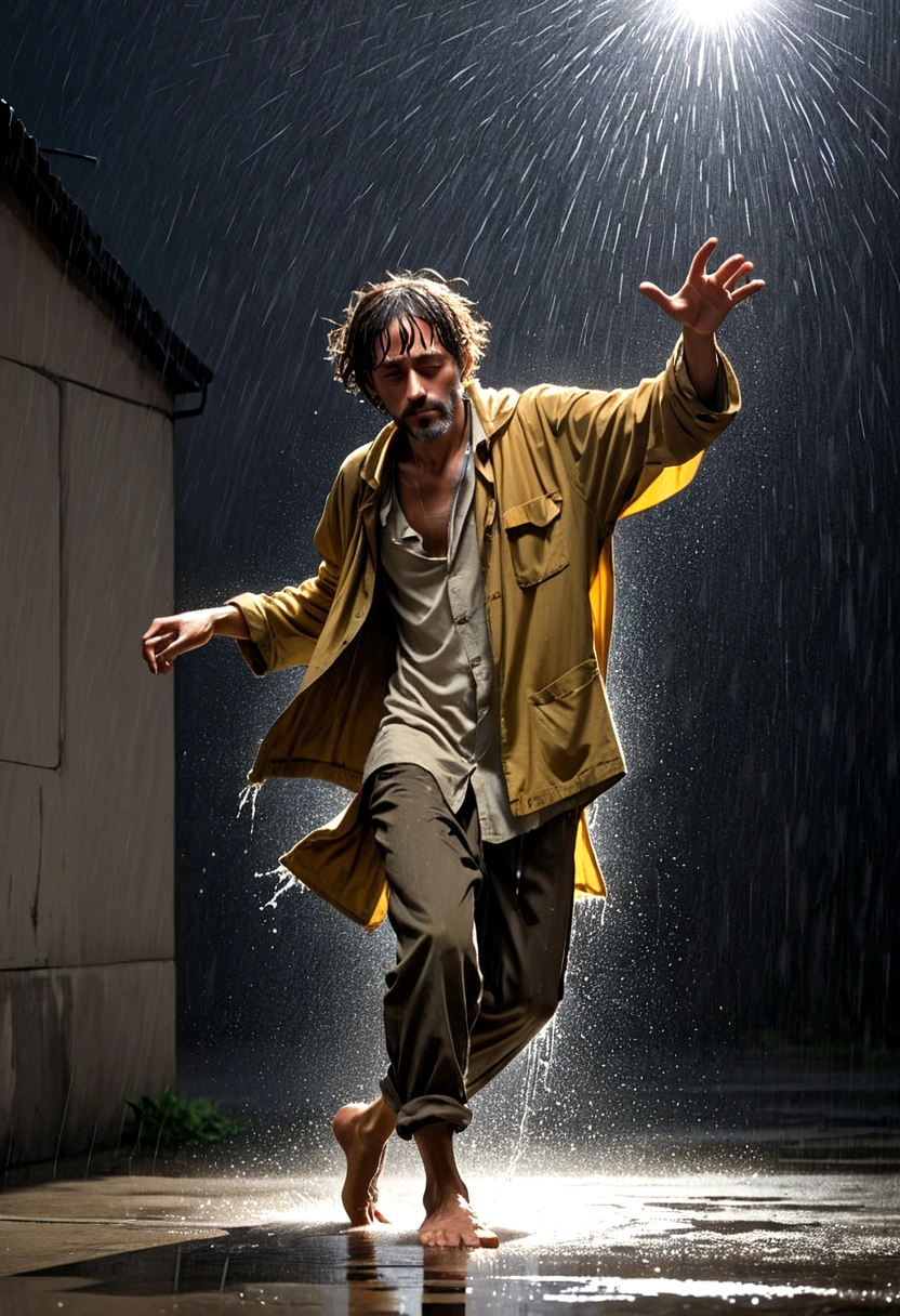 Soul Dancer Mark,A homeless man dancing alone in the rain，Barefoot，Loose and worn clothes，Professional Action，Splash，Light and Shadow，Minimalism，artistic conception，