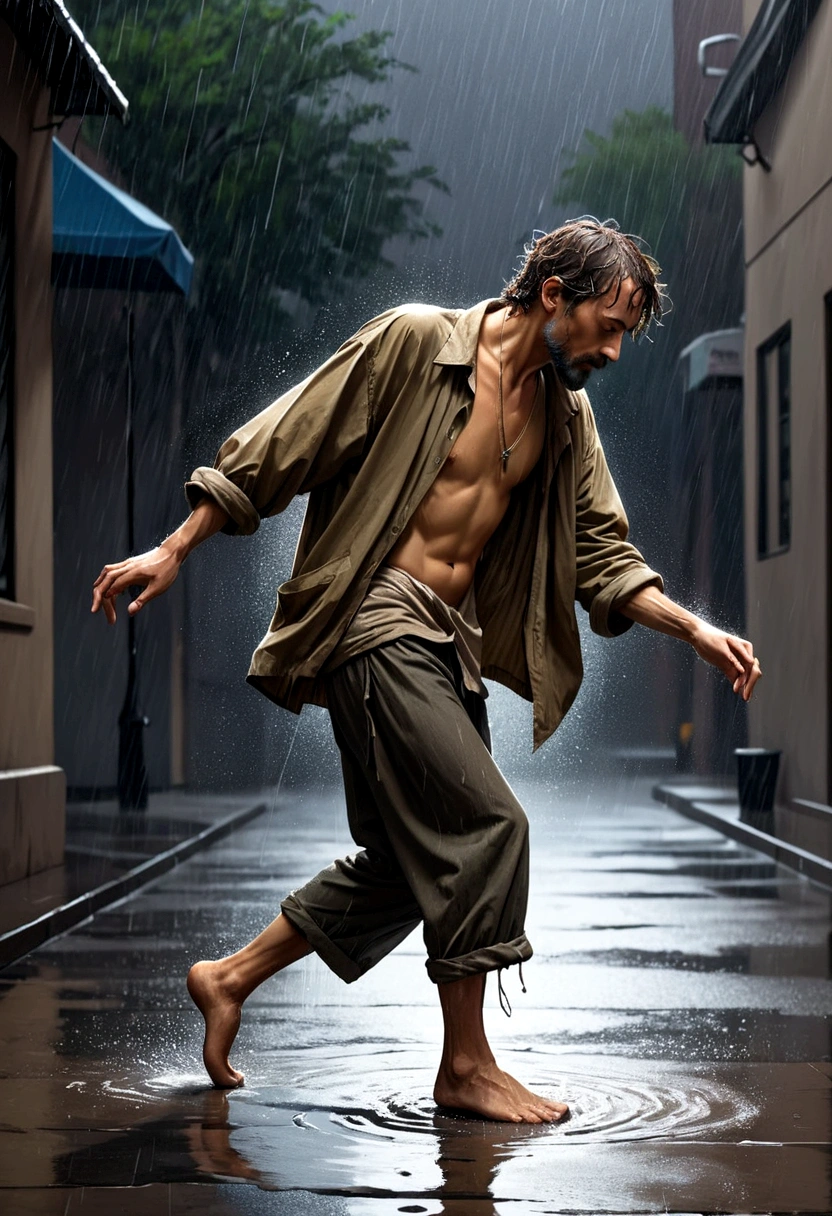 Soul Dancer Mark,A homeless man dancing alone in the rain,Barefoot,Loose and worn clothes,Professional Action,Splash,Light and Shadow,Minimalism,artistic conception,