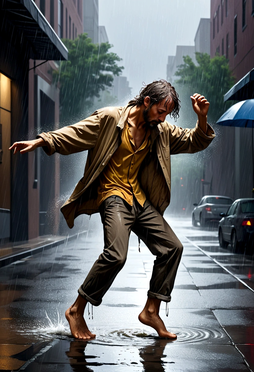 Soul Dancer Mark,A homeless man dancing alone in the rain,Barefoot,Loose and worn clothes,Professional Action,Splash,Light and Shadow,Minimalism,artistic conception,