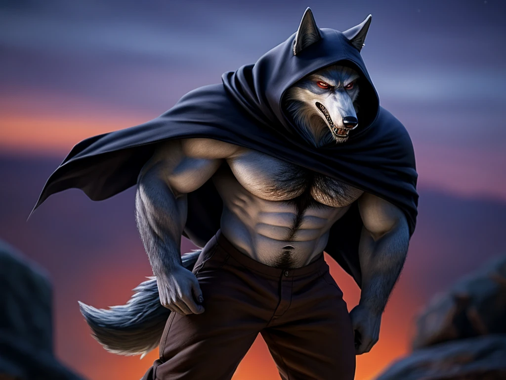 Death is a anthropomorphic silvery-white wolf with an elongated snout, gray mask-like markings on his face, sharp teeth, and glaring sinister red eyes, who has a well-built body, He wears a black cloak with a built-in hood, and brown trousers under the cloak, He also has brownish-gray wraps around his wrists and calves, and carries a pair of razor-sharp sickles, anthro wolf, male, adult, grey fur, buffed body, sexy, beefy body, furred body, beautiful, furry chest hair, realistic, full body, photorealistic, ultra realistic, 8k, night, bare-chested,