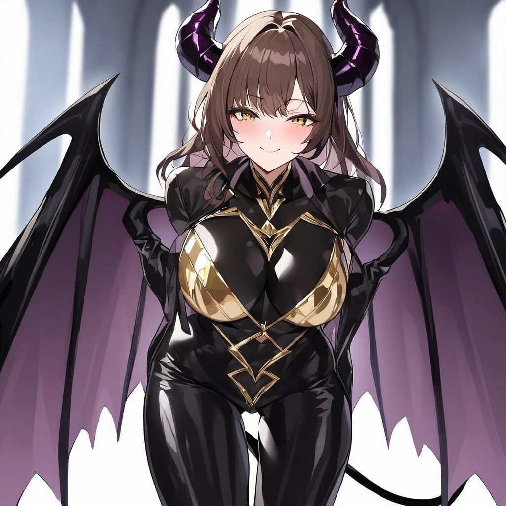 ((Highest quality)), ((masterpiece)), (detailed), （Perfect Face）、The woman is a naked demon queen, Devil Queen Liza, wearing a shiny black full-body bodysuit decorated with gold, a sexy female demon, Devil Queen Liza、The woman is a female demon with magnificent devil horns, jet black devil wings, and a jet black tail. She is looking at the camera with a happy expression, she is a demon named Liza, with short brown hair and the expression of a girl in love.、The woman is Liza