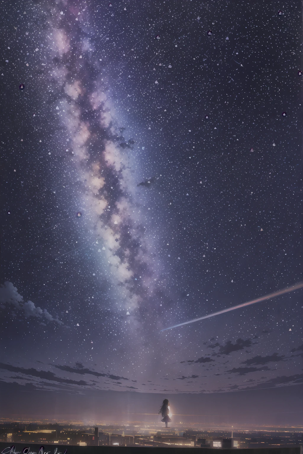 octans, sky, star (sky), scenery, starry sky, night, 1girl, night sky, solo, outdoors, signature, building, cloud, milky way, sitting, tree, long hair, city, silhouette, cityscape