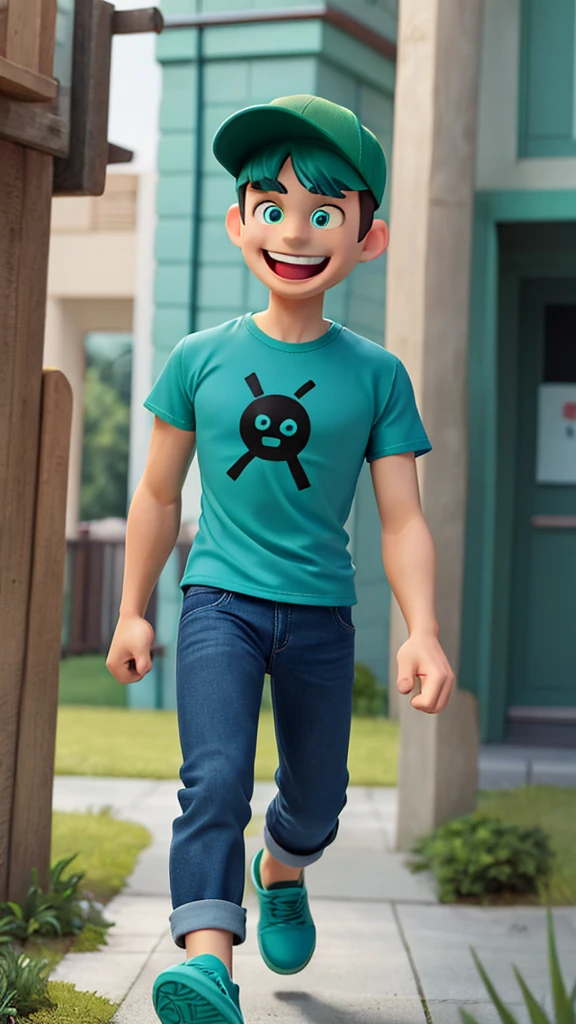 A man with big smile wearing teal green cap, and teal green t-shirt that writed "RUMAH ANDROID", black jeans, black shoes, crossing hand, 3d design character, body gesture happy, hands up jumping