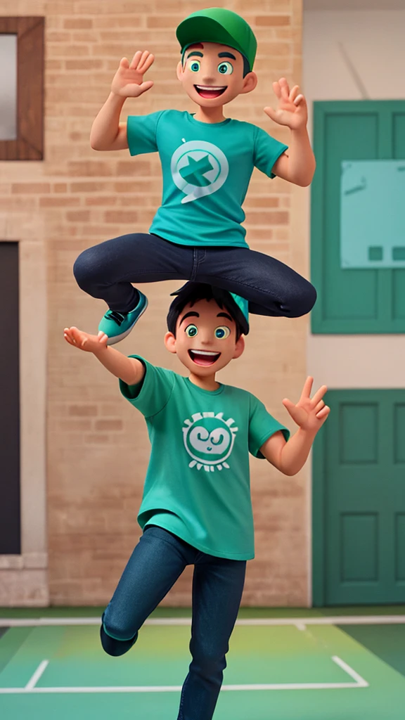 A man with big smile wearing teal green cap, and teal green t-shirt that writed "RUMAH ANDROID", black jeans, black shoes, crossing hand, 3d design character, body gesture happy, hands up jumping