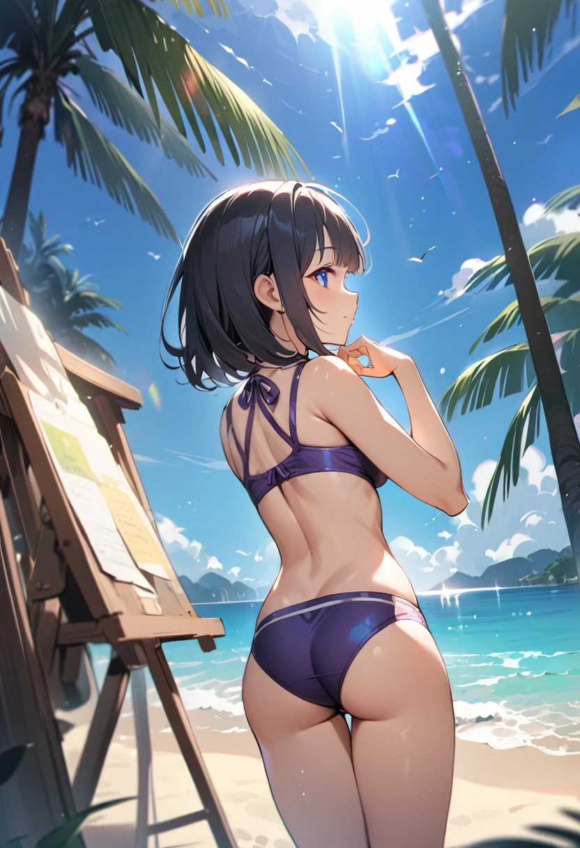 1 girl, , blunt bangs, black hair, blue eyes, short hair, smile,
BREAK (masterpiece), (high resolution 8K), cinematic lighting, professional lighting, detailed eyes and face, detailed body, 
BREAK purple bikini, stretch legs, from behind, standing, Booty pose, 
BREAK tropical atmosphere, beach, 