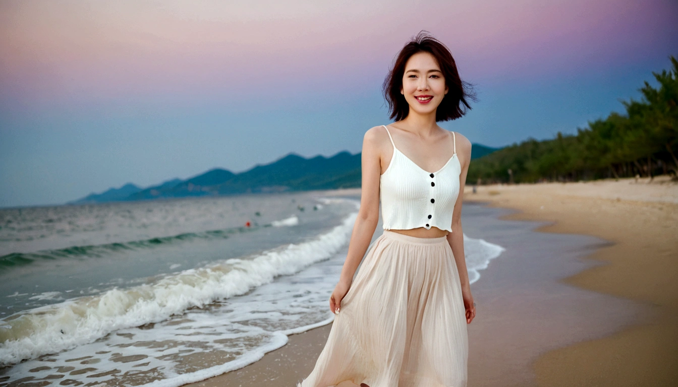sunset on the beach,바다에 잔광이 비치네sunset on the beach 붉은 태양,A strong lingering scent is reflected in the sea., Beautiful 46-year-old short Korean woman, Chest size 34 inches, Wear white sleeveless, white light skirt. beautiful pretty woman look , wearing a light skirt , Go far into the sea water and dip your toes., Short medium hair blowing in the wind, 1 short woman, beautiful eyes, a little smile, Full-body photo taken from afar with a wide-angle lens, The background is clean and perfect., waves moved by the wind, best high definition