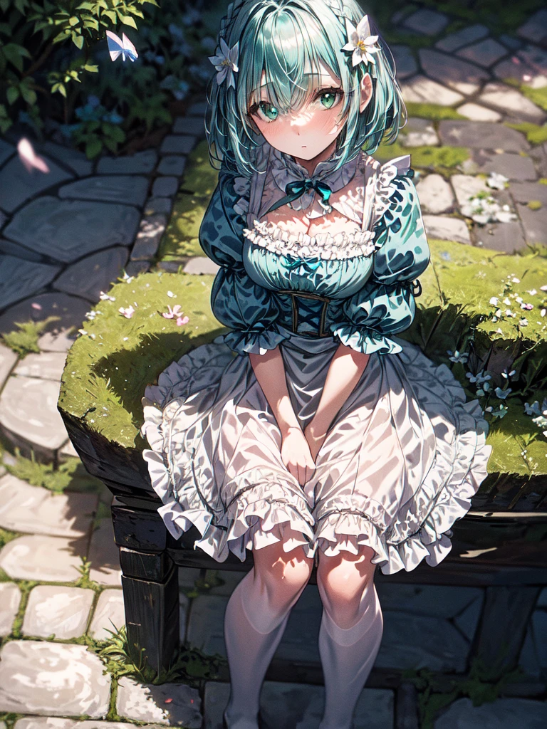 ((solo:1.2)),cute girl sitting on bench in garden,frilled dirndl,from above,looking up,cobblestone pavement,aqua hair,fine bob cut,(hair over one eye),(dappled sunlight:1.2),blurry,(depth of field:1.1),head tilt,:o,(petals),tree,butterfly