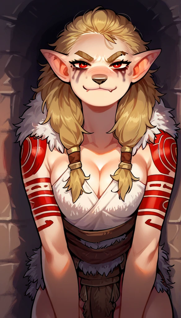 score_9, score_8_up, ((adult))
(worgen:1.2), _young, lagre_breasts , smug face, Serious face expression, tribal makeup, solo, (blond hair, red hoody with grey fur hood, female),  (fullbody, tattoos, curvey bode, cute face, focus), beautiful, 