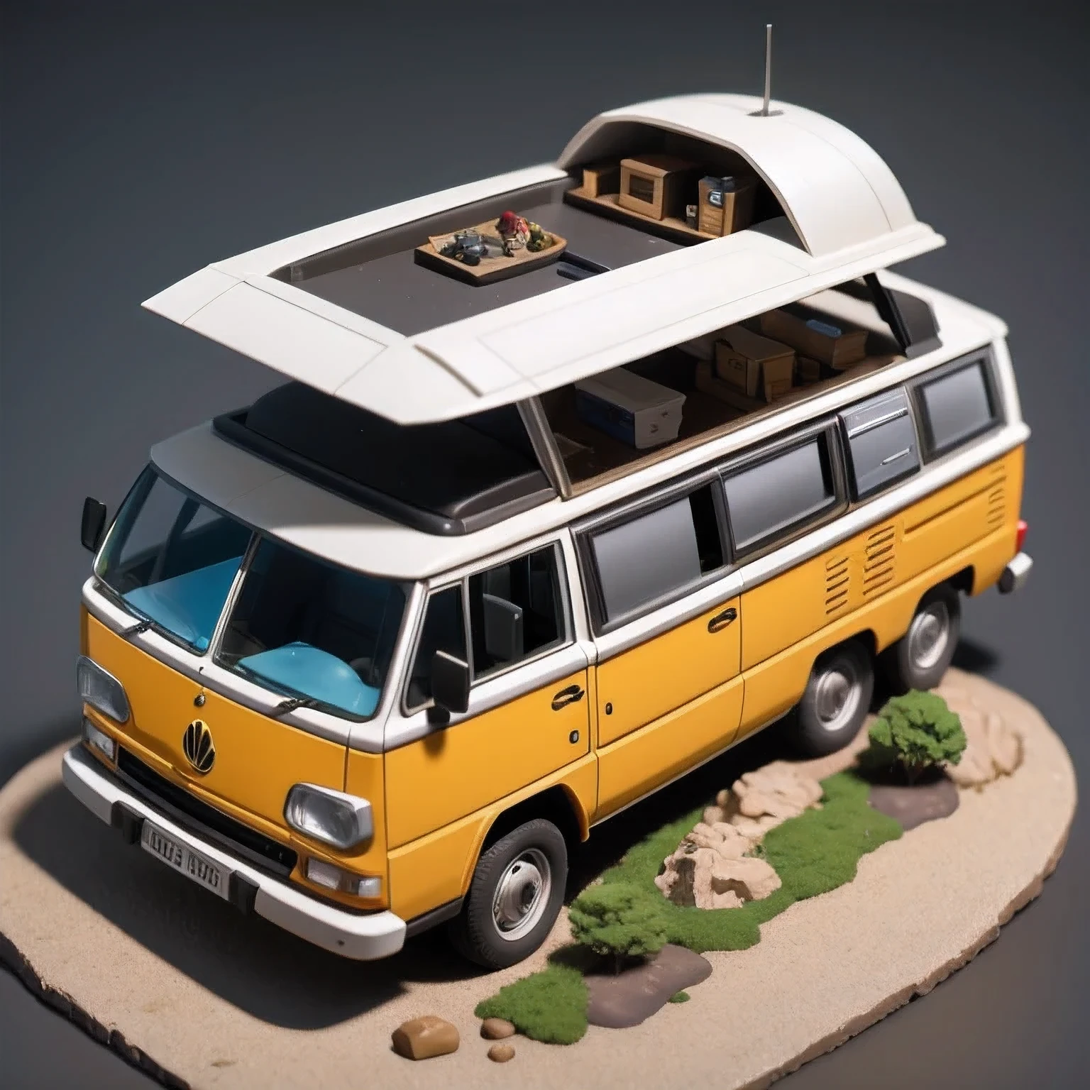 there is a small model of a camper van in a cave, stylized 3d render, 3d illustration, 3 d illustration, highly detailed diorama, 3 d low poly render, 3d low poly render, low poly 3 d, highly detailed sculpey diorama, lowpoly, low poly render, diorama model, low poly 3 d render, diorama