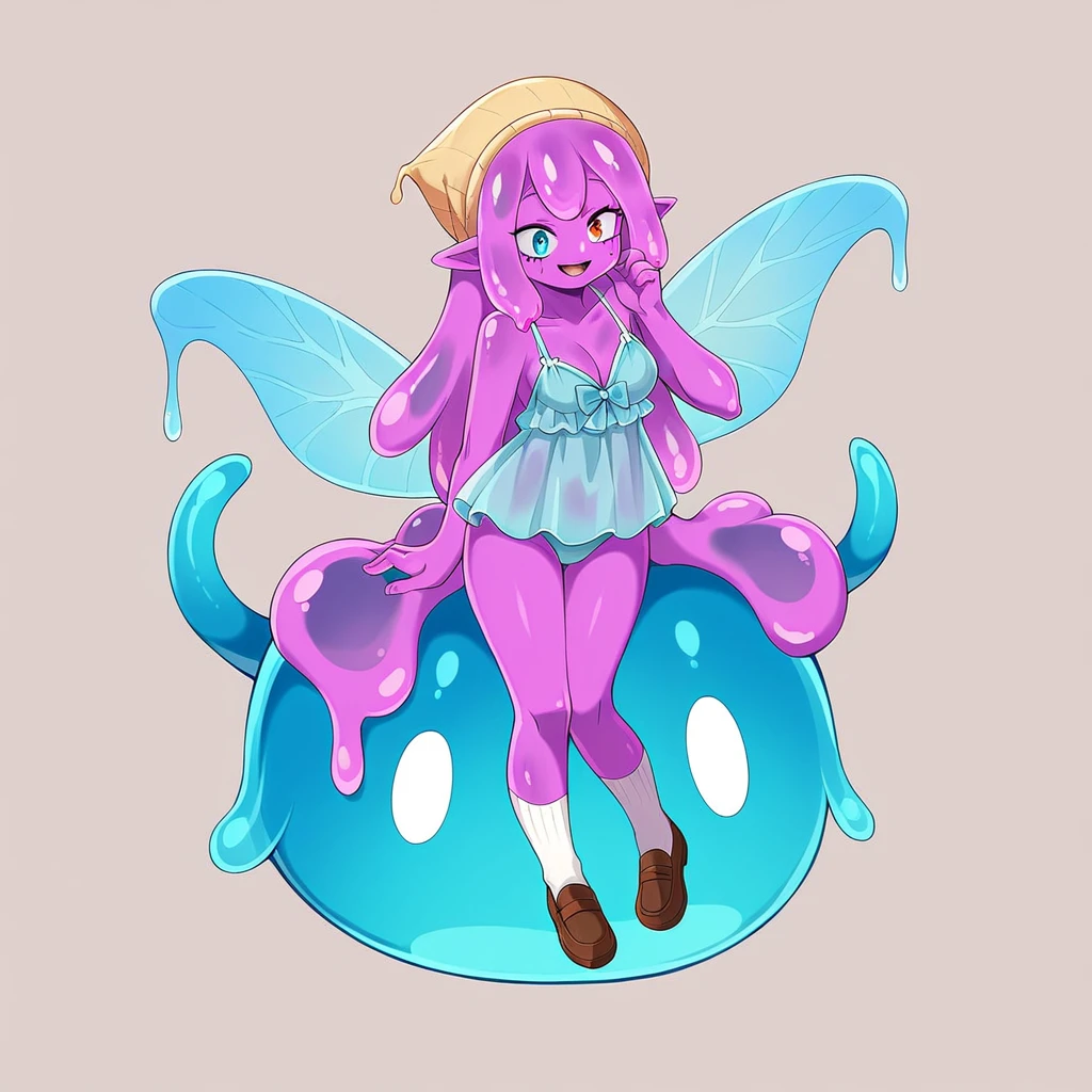 score_9, score_8_up, score_7_up, score_6_up, score_5_up, score_4_up, source_anime,1Girl, Opal is a slime girl, she has pointy elf ears, and short pink tentacle hair, she has pinkish purple skin covered in pink and blue slime, she has Heterochromia iridum, her left eye is pink, and her right eye is blue, Opal wears nightgown type dresses that stop at her knees, she wears socks with ruffles on them, her shoes are black maryjanes the type that you slip on with a strap on the front, she wears a small headscarf, she has fairy wings on her back that are just now sprouting out, the slime is shiny, and sticky, she can control it, as well as the tentacles in her hair at will. 4’9, . , my hero academia, tentacles, school, depth of field, LUT, detailed, beautiful, cute slime girl. My hero academia school, Tentacle tail, Full body shot, , curvy.