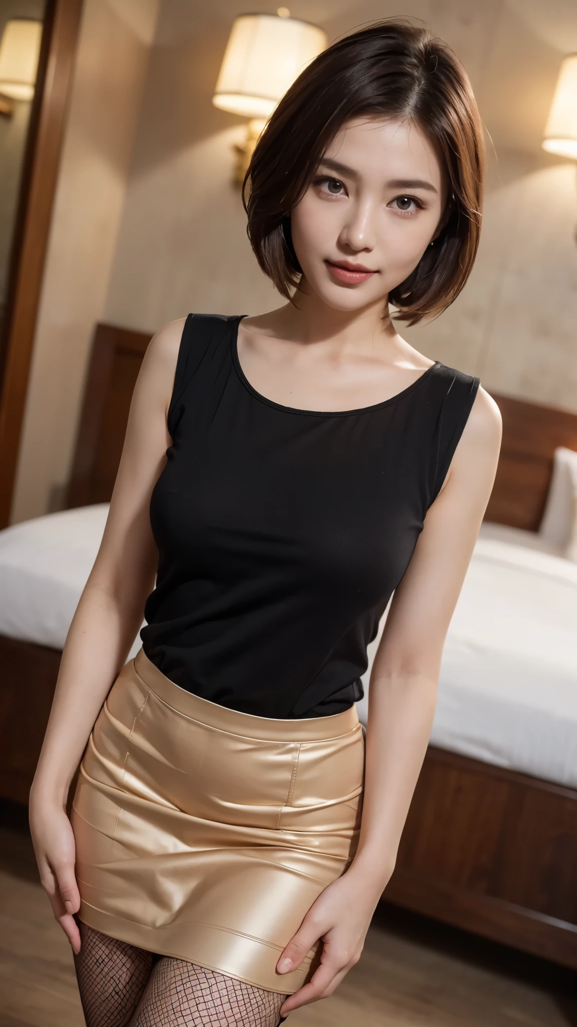 ulzzang-6500-v1.1,(RAW Photos:1.2), (Photorealistic), (See-through:1.3), (Genuine:1.4), hour hand，hour hand，Small hands，The skin on your hands is especially sensitive.，Very handy, Very few，Wrinkle-free hands，Red nails，((aunt:0.9))、(Aged face:0.9)、((whole body))、Beautiful legs、(Total Slip:1.5)、(full, Glossy Lips:1.3)、((A beautiful Japanese 45 year old is standing))、Laughter、Nasolabial folds Wrinkles、(((In a sophisticated luxury hotel、exquisite western style suite background，Lavish decoration)))、(Huge ：1.2)、Gravure photo、Photo pose、(Shining Face、Sexy Face、Cute face)、((Beautiful body lines、Wrinkles around the eyes、short hair、45 years old married woman、Genuineの肌、写真はGenuineです、Detailed Images、high resolution、、Accurate Images))，Grey tight skirt，(Sticky reflective colorful fishnet stockings)，The delicate skin of the hands，Take care of your skin like a girl，Wrinkle-free hands，hour hand，hour hand，Small hands