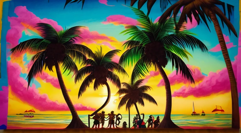 “Create a visual of a Caribbean sunset scene under palm trees, with a reggae band playing. Capture people dancing to the music, dressed in vibrant clothes and Rastafarian style. Depict the sea breeze blowing through, creating a joyful atmosphere.