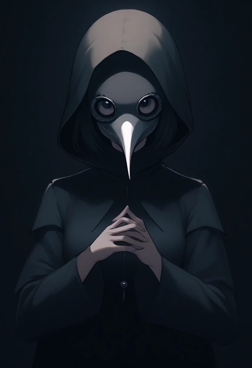  girl, close up, dark background , plague-doctor costume, randome pose