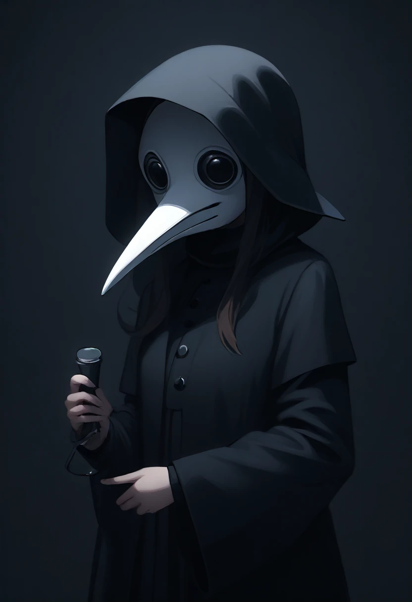  girl, close up, dark background , plague-doctor costume, randome pose