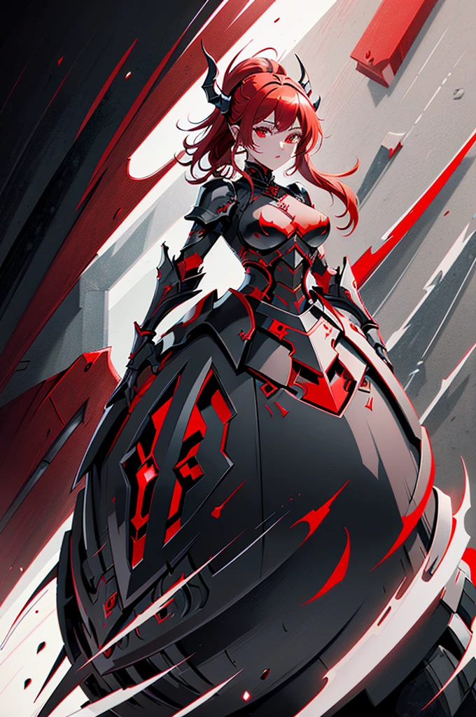 a drawing of a character in armor with red and black hair, black armour e vermelha, black and reddish color armor, demonic dragon inspired armor, pale black armour, black fire colored reflected armor, concept armor, dark soul armor concept, black and red reflected armor, white and red armor, demonic armor, very stylish fantasy armor, black armour, blood red armor