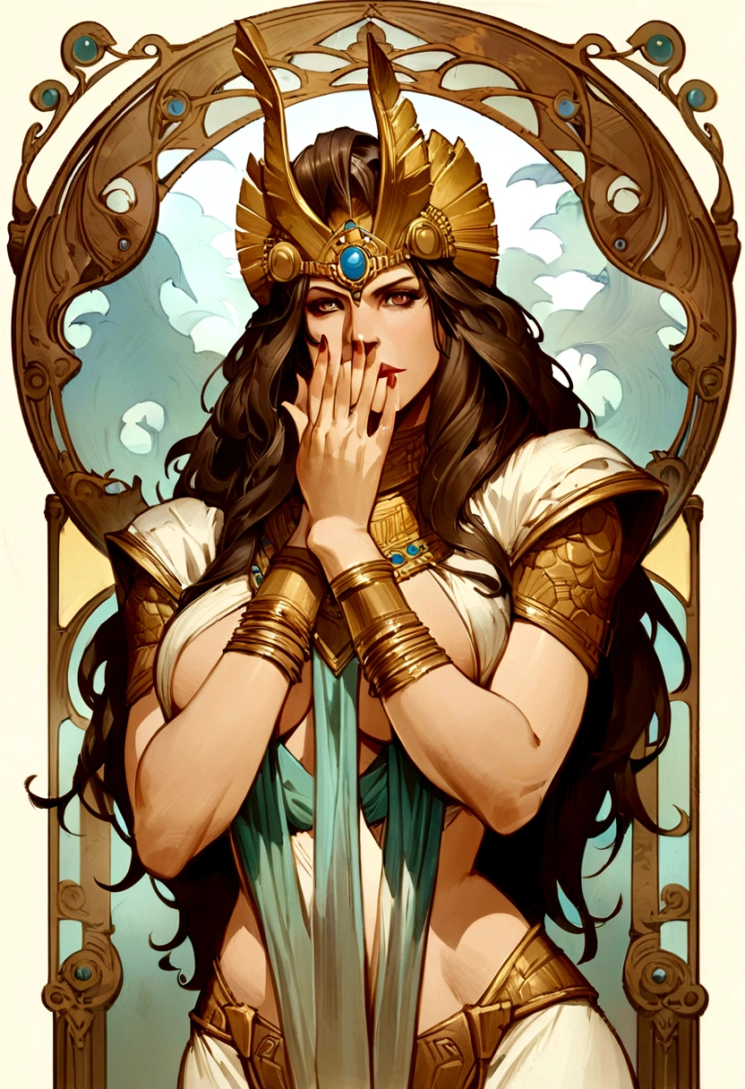 Create a stunning, ultra-realistic portrait of a "(((Ancient God Bharat)))", with large breasts and a hand over her face portraying discontent, fantasy character in art nouveau style. Pay meticulous attention to intricate details and be inspired by fifth element artifacts. Incorporate references from artists like Peter Mohrbacher, {{| Kyansittha |}}, Wayne Barlowe, Boris Vallejo's, Aaron Horkey, Gaston Bussière, Craig Mullins, and Alphonse Mucha to bring depth and character to the artwork. Enhance the composition with art nouveau curves and spirals for an added touch of elegance and complexity, put on your super curvy body
