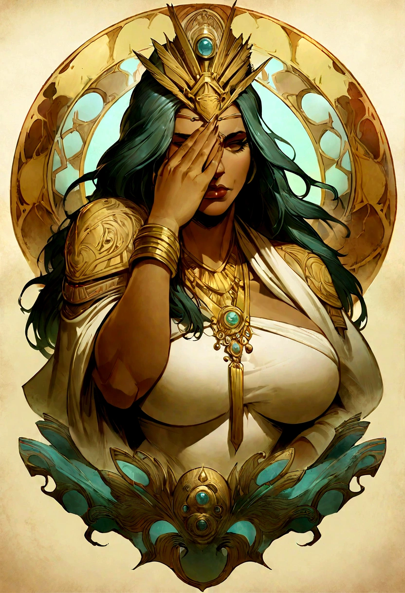 Create a stunning, ultra-realistic portrait of a "(((Ancient God Bharat)))", with large breasts and a hand over her face portraying discontent, fantasy character in art nouveau style. Pay meticulous attention to intricate details and be inspired by fifth element artifacts. Incorporate references from artists like Peter Mohrbacher, {{| Kyansittha |}}, Wayne Barlowe, Boris Vallejo's, Aaron Horkey, Gaston Bussière, Craig Mullins, and Alphonse Mucha to bring depth and character to the artwork. Enhance the composition with art nouveau curves and spirals for an added touch of elegance and complexity, put on your super curvy body