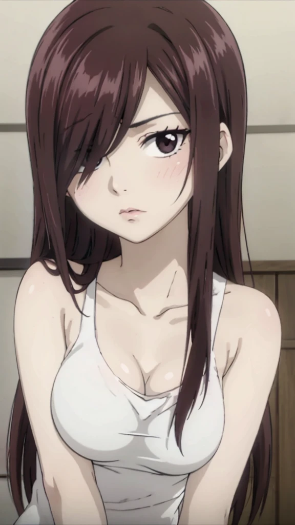 Cute , mature women,realistic skin, tanktop see through nipple,realistic breast, saggy breast, nipple out,muted colours, cold lighting, pale white skin, mature women,black hair, long hair, (hair over one eye:1.4), Messy hair,straight hair,hair between eyes ,sleepy eyes ,beautiful,pucker lips,charm,pubic hair pussy,dense pubic hair, cute shy blush on 