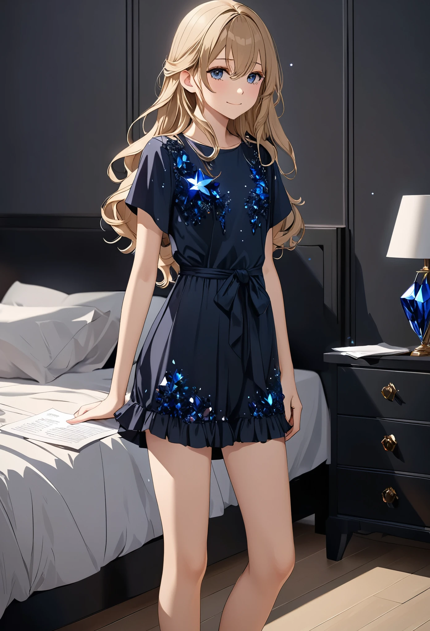 (masterpiece), (high resolution, 8k), (high detailed), girl, 20age, tall, petite, (wavy long hair (dark blonde)), beautiful face, tired smile, small breast flat, ((dark blue crystal themed, short draped dress)), ((paper bag pants black colored)), standing on bedroom,fcNeg