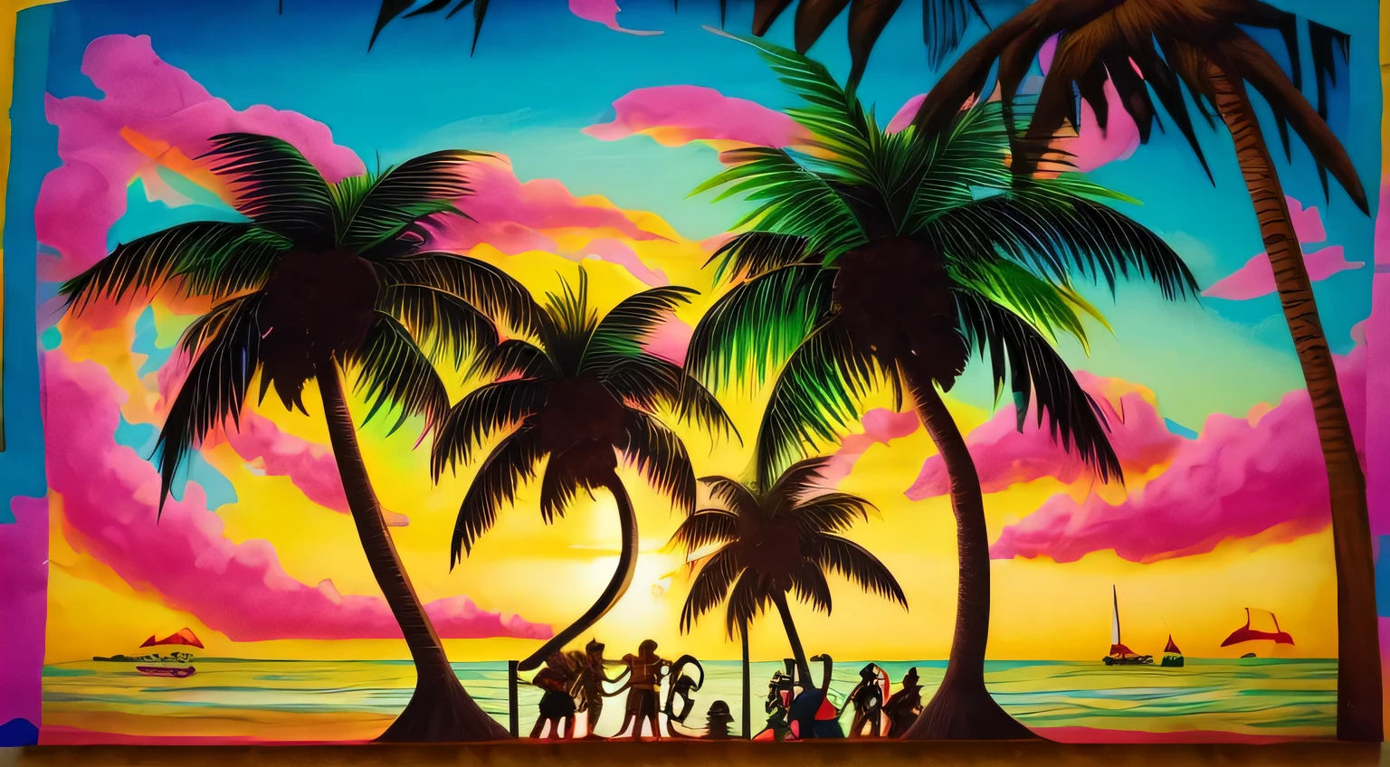 “Create a visual of a Caribbean sunset scene under palm trees, with a reggae band playing. Capture people dancing to the music, dressed in vibrant clothes and Rastafarian style. Depict the sea breeze blowing through, creating a joyful atmosphere.
