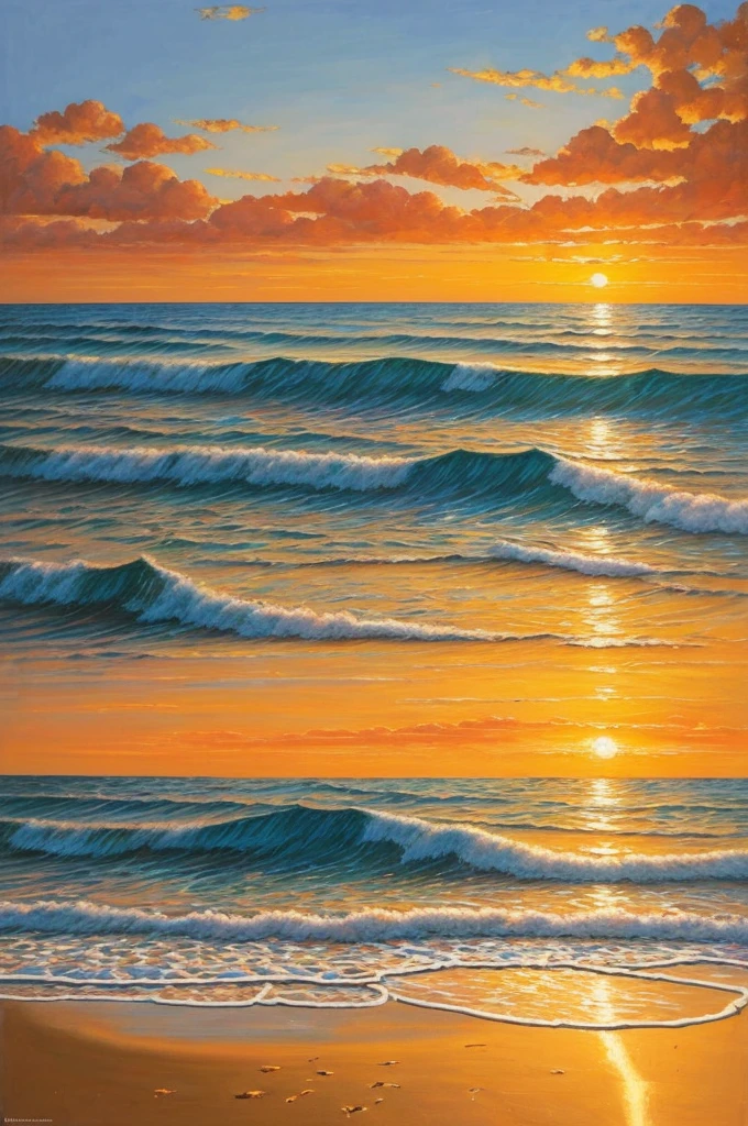 The painting should be a vintage oil artwork, maintaining the specific characteristics of the image of a beach at sunset. The colors should be soft and faded, with predominant orange and golden tones. The scene should represent the exact beach in the image. Capture the setting sun casting a golden light over the water and sky, creating a spectacular display of colors. The brushstrokes should be visible, capturing the rich texture of oil on canvas, enhancing the sense of tranquility and rustic beauty while faithfully preserving the specific characteristics of the provided beach image.