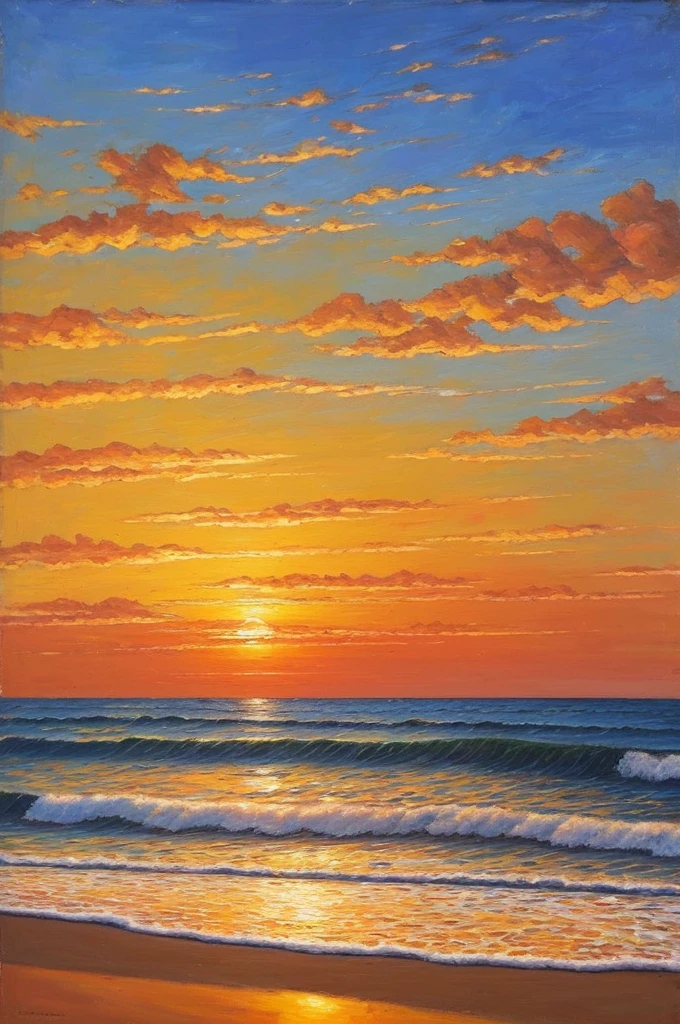 The painting should be a vintage oil artwork, maintaining the specific characteristics of the image of a beach at sunset. The colors should be soft and faded, with predominant orange and golden tones. The scene should represent the exact beach in the image. Capture the setting sun casting a golden light over the water and sky, creating a spectacular display of colors. The brushstrokes should be visible, capturing the rich texture of oil on canvas, enhancing the sense of tranquility and rustic beauty while faithfully preserving the specific characteristics of the provided beach image.