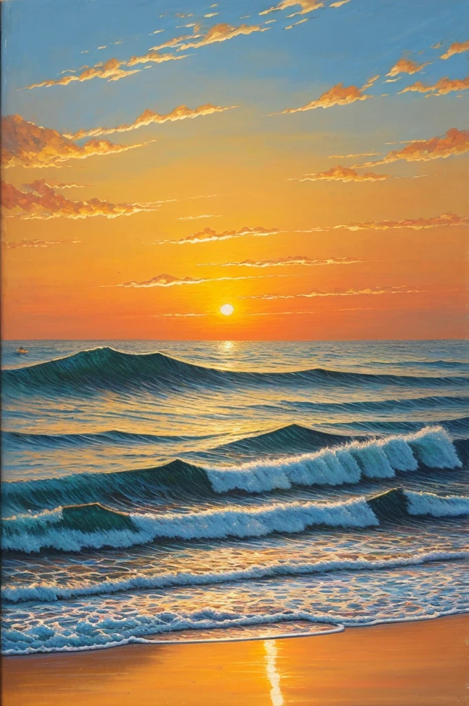 The painting should be a vintage oil artwork, maintaining the specific characteristics of the image of a beach at sunset. The colors should be soft and faded, with predominant orange and golden tones. The scene should represent the exact beach in the image. Capture the setting sun casting a golden light over the water and sky, creating a spectacular display of colors. The brushstrokes should be visible, capturing the rich texture of oil on canvas, enhancing the sense of tranquility and rustic beauty while faithfully preserving the specific characteristics of the provided beach image.