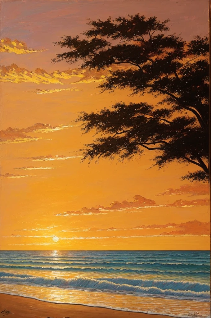 The painting should be a vintage oil artwork, maintaining the specific characteristics of the image of a beach at sunset. The colors should be soft and faded, with predominant orange and golden tones. The scene should represent the exact beach in the image. Capture the setting sun casting a golden light over the water and sky, creating a spectacular display of colors. The brushstrokes should be visible, capturing the rich texture of oil on canvas, enhancing the sense of tranquility and rustic beauty while faithfully preserving the specific characteristics of the provided beach image.