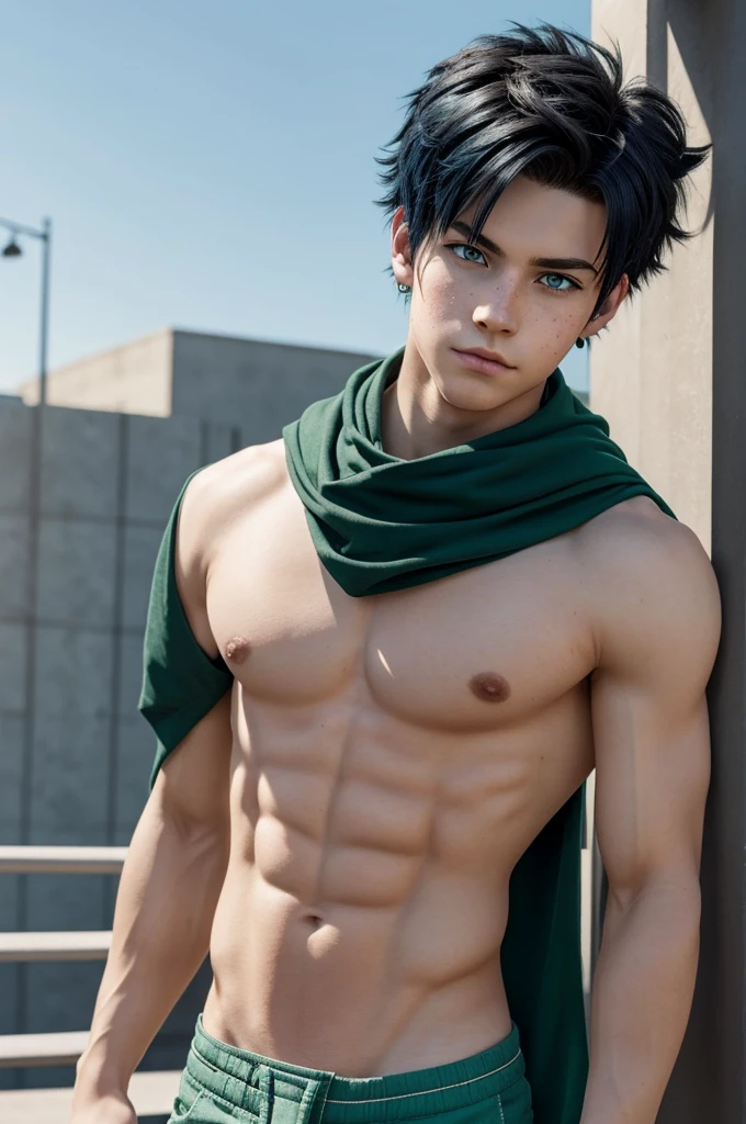 A boy from My Hero Academia with freckles, hooks and piercings, with medium length dark hair with bluish green undertones, pale skin and golden eyes, slim and toned build with small waist , with ua 