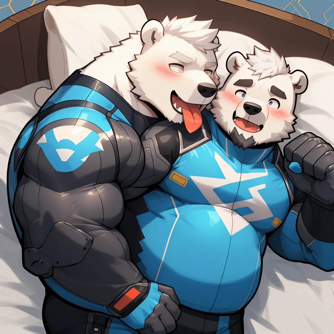 masterpiece, best quality, 8k resolution, Very detailed, hairy,(((polar bear)),(((Mature))),(((beard))),(((fat))),(((White hair all over body))),(((portrait))),(((White hair))),(((Lying))),(((QQ emoticons:big-areola))),(((Facial Expressions))),(((Stick out your tongue))),(((Blushing))),Highest quality scene,(((Hip bulge))),((( Heads up))),(((Super hero))),(((Fat-enclosed muscle))),(((Round face))),(((Tight combat suit))),(((Strong body))),(((Shameful))),(((On the bed))),(((Shut up)))