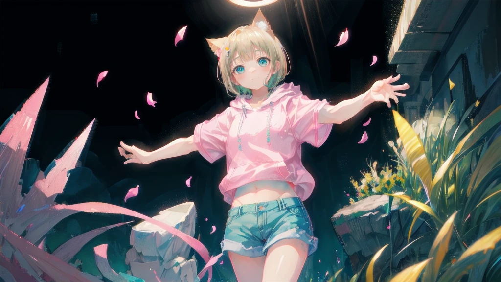 Blonde、Denim shortasterpiece)), ((Highest quality)), (anime:1.4), (Super detailed:1.2), (High resolution:1.3), (Professional photography:1.3), (Wide Shot), (Sharp focus), (Perfect light), (()), One girl, profile, Cinema Lighting, Textured skin, (Cat ear), Light brown hair, 乱れたShortcutsヘア, Cute beautiful teenage girlealthy slim body), (Pink short sleeve hoodie:1.3), Very good, (Exposed neck), Slender body, Small breasts, Mischievous Smile, blush, (Turquoise unfocused eyes), Beautiful clavicle, (A little exposed cute thighs), break, ((Highest quality)), (Super detailed), (Beautiful colorful flower field), Dancing Petals,Blonde、Shortcuts、Pink hoodie、Denim shorts、Black sneakers、Cat ear、Belly button、Show your belly