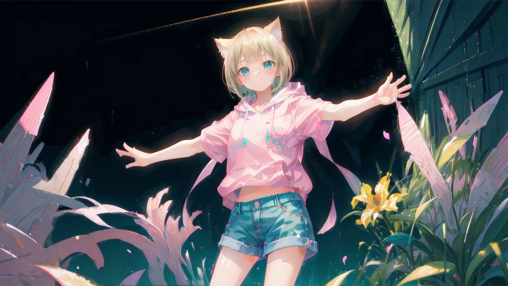 Blonde、Denim shortasterpiece)), ((Highest quality)), (anime:1.4), (Super detailed:1.2), (High resolution:1.3), (Professional photography:1.3), (Wide Shot), (Sharp focus), (Perfect light), ((12 years old)), One girl, profile, Cinema Lighting, Textured skin, (Cat ear), Light brown hair, 乱れたShortcutsヘア, Cute beautiful teenage girl, (Healthy slim body), (Pink short sleeve hoodie:1.3), Very good, (Exposed neck), Slender body, Small breasts, Mischievous Smile, blush, (Turquoise unfocused eyes), Beautiful clavicle, (A little exposed cute thighs), break, ((Highest quality)), (Super detailed), (Beautiful colorful flower field), Dancing Petals,Blonde、Shortcuts、Pink hoodie、Denim shorts、Black sneakers、Cat ear、Belly button、Show your belly