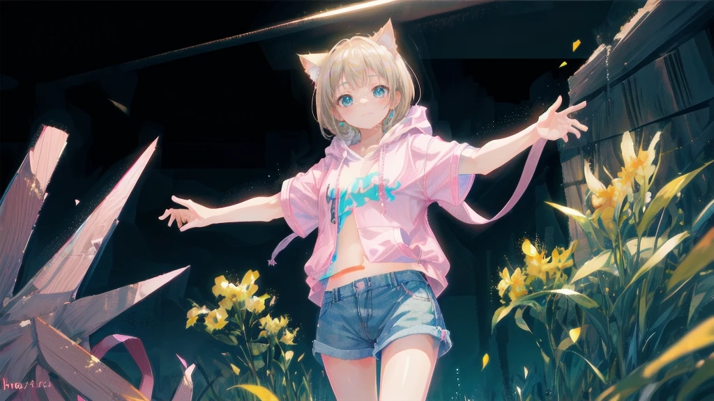 Blonde、Denim shortasterpiece)), ((Highest quality)), (anime:1.4), (Super detailed:1.2), (High resolution:1.3), (Professional photography:1.3), (Wide Shot), (Sharp focus), (Perfect light), ((12 years old)), One girl, profile, Cinema Lighting, Textured skin, (Cat ear), Light brown hair, 乱れたShortcutsヘア, Cute beautiful teenage girl, (Healthy slim body), (Pink short sleeve hoodie:1.3), Very good, (Exposed neck), Slender body, Small breasts, Mischievous Smile, blush, (Turquoise unfocused eyes), Beautiful clavicle, (A little exposed cute thighs), break, ((Highest quality)), (Super detailed), (Beautiful colorful flower field), Dancing Petals,Blonde、Shortcuts、Pink hoodie、Denim shorts、Black sneakers、Cat ear、Belly button、Show your belly