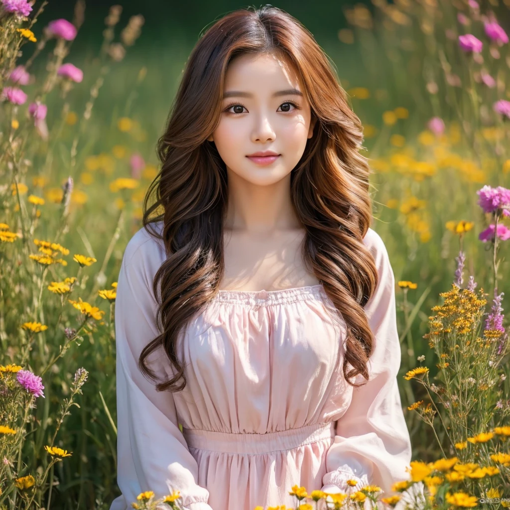 make a full body oil painting photo of a beautiful 30 years old Indonesian woman, round face, beautiful, cute, beautiful eyes, beautiful wavy hair with a slight curl at the ends of her hair, pink and black, With casual clothes that look natural, posing in a beautiful meadow garden, The face glows with the series., Full HD photos, Perfect contrast, 16K, front focus; original photo.beautiful digital painting, beautiful art uhd 4k, beautiful digital artwork, beautiful digital illustration, very beautiful portrait, beautiful detailed portrait, beautiful digital art, very digital art beautiful, Amazing digital paintings, detailed beauty portrait, beautiful digital painting, 4k detailed drawing, beautiful beautiful digital art, UHD, realistic, Faint smile.