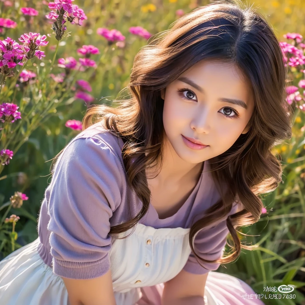 make a full body oil painting photo of a beautiful 30 years old Indonesian woman, round face, beautiful, cute, beautiful eyes, beautiful wavy hair with a slight curl at the ends of her hair, pink and black, With casual clothes that look natural, posing in a beautiful meadow garden, The face glows with the series., Full HD photos, Perfect contrast, 16K, front focus; original photo.beautiful digital painting, beautiful art uhd 4k, beautiful digital artwork, beautiful digital illustration, very beautiful portrait, beautiful detailed portrait, beautiful digital art, very digital art beautiful, Amazing digital paintings, detailed beauty portrait, beautiful digital painting, 4k detailed drawing, beautiful beautiful digital art, UHD, realistic, Faint smile.