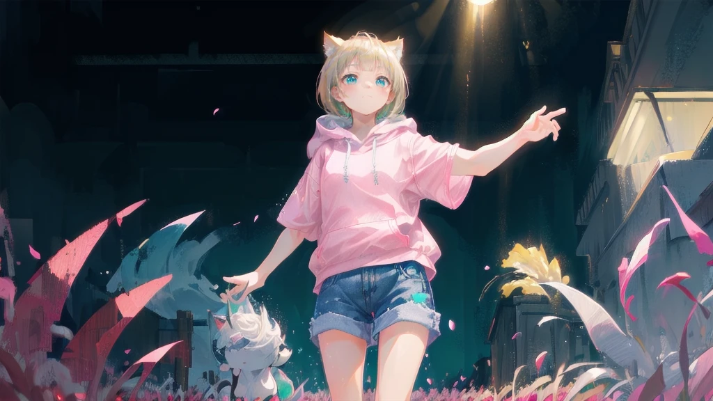 Blonde、Denim shortasterpiece)), ((Highest quality)), (anime:1.4), (Super detailed:1.2), (High resolution:1.3), (Professional photography:1.3), (Wide Shot), (Sharp focus), (Perfect light), ((s old)), One girl, profile, Cinema Lighting, Textured skin, (Cat ear), Light brown hair, 乱れたShortcutsヘア, Cute beautiful teenage girl, (Healthy slim body), (Pink short sleeve hoodie:1.3), Very good, (Exposed neck), Slender body, Small breasts, Mischievous Smile, blush, (Turquoise unfocused eyes), Beautiful clavicle, (A little exposed cute thighs), break, ((Highest quality)), (Super detailed), (Beautiful colorful flower field), Dancing Petals,Blonde、Shortcuts、Pink hoodie、Denim shorts、Black sneakers、Cat ear、Belly button、Show your belly