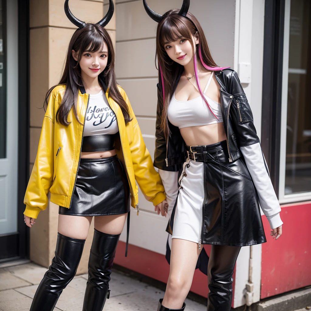 bangs down,beautiful girl,Maid clotheasterpiece,Standing posture,Hands in pockets,perfect face,perfect breasts,long hair,Long leather trousers,Colorful clothes,Outstanding style,stimulating,Cute outfits,Horny girl,double eyelid,Naughty Girls,Erotic and cute,mini skirt,ribbon on uniform,colorful hair color,yellow eyes,leather jacket,horny girl,Knee-high boots,
Colorful,multicoloured,future fashion,smile,,zipper bra,Multicolored clothing