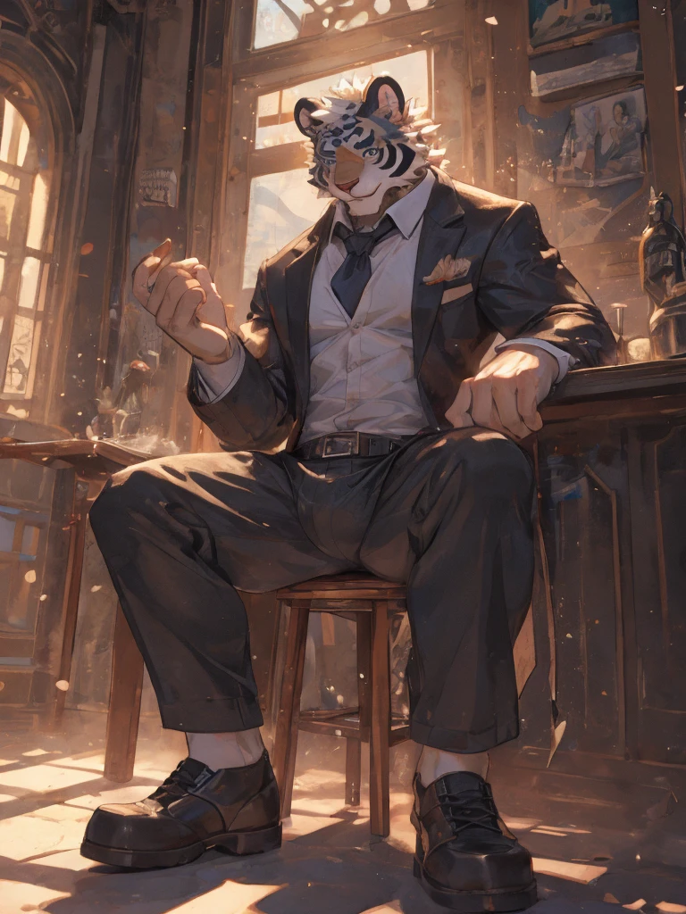{{bara extremely handsome white tiger,}} {{white fur,}} white, wearing elegant ornate suit, trousers, white dress shirt and necktie, white fluffy furry body and limbs, loafers, very tall, very broad shoulders, narrow waist, muscular arms, massive pecs, purple eyes, very long legs, sitting on swivel chair with legs spread, from below perspective, massive bulge, sophisticated hot look, sexy pose, full body, sunlight casting over, 3/4 view, best quality, high quality, silver earring on left ear, sultry smirk