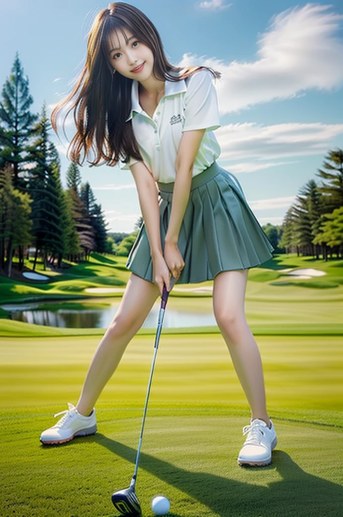 Photo-realistic quality、A 20-year-old Japanese female idol wearing a skirt and playing golf on a green course, Wear golf wear,  mini skirt、Photo of slim girl model,, white shirt and grey skirt、Detailed and beautiful eyes、Cute smile、A soft and gentle look、looking at the camera、