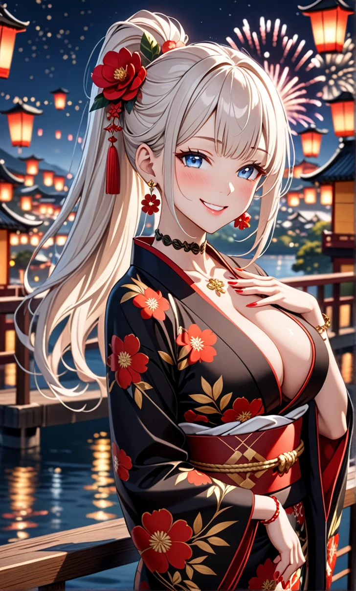ultra-detailed, ((one girl)),  hyper detailed, absurdres, 8K, Beautiful Face, (Laugh shyly), ((teasing smile:1.8)), ((Wink:1.8)), (Laugh with your mouth wide open),(Tilt your head:1.3), View your viewers, ((Bright red cheeks:1.6)),Glossy Red Lips, ((Big Breasts:1.5)), (valley),night, You can see the sea horizon,On Bridge, firework, (Brighten your face), Woman in black kimono, ((Anime style background)),masterpiece, Highest quality, so beautiful,Latest, Complex details, (Pink long nails), (nail art), (ring),(bracelet), (Floral Choker),AI-generated, Complex,High resolution, Highest quality, super high quality,3D Images、3D Images,One person,((Long white hair)),(High Ponytail), Anime woman posing for a photo, ((Fine grain、blue eyes、glowing eyes:1.4)), (Silver Eyes), (Squint your eyes:1.1),a hyperRealistic , hyperRealistic , Realistic,  White long hair anime woman, Smooth anime CG art, A girl in a gorgeous kimono with gold embroidery, ((black furisode:1.5),(Red large floral pattern) ,Long flower hair ornament,Floral Earrings,Mature Body, tall,Abdominal muscles,Tight waist, ((arched back:1.9)), (front view), 