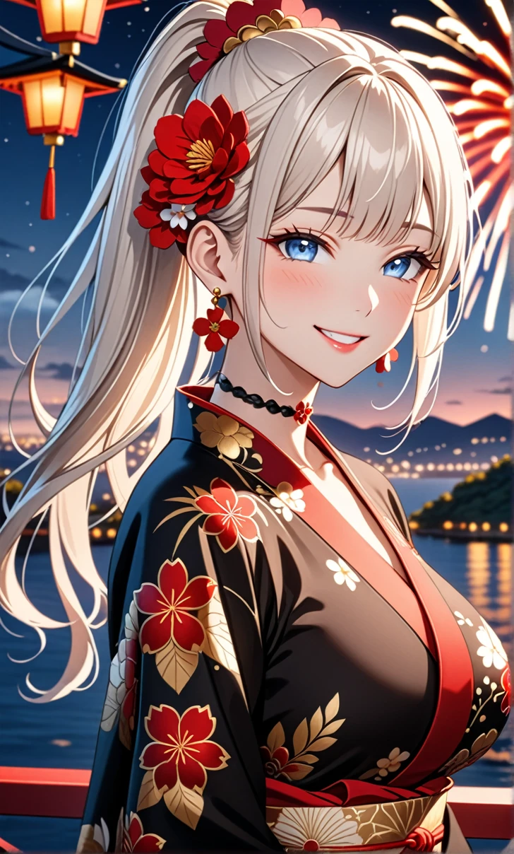 ultra-detailed, ((one girl)),  hyper detailed, absurdres, 8K, Beautiful Face, (Laugh shyly), ((teasing smile:1.8)), ((Wink:1.8)), (Laugh with your mouth wide open),(Tilt your head:1.3), View your viewers, ((Bright red cheeks:1.6)),Glossy Red Lips, ((Big Breasts:1.5)), (valley),night, You can see the sea horizon,On Bridge, firework, (Brighten your face), Woman in black kimono, ((Anime style background)),masterpiece, Highest quality, so beautiful,Latest, Complex details, (Pink long nails), (nail art), (ring),(bracelet), (Floral Choker),AI-generated, Complex,High resolution, Highest quality, super high quality,3D Images、3D Images,One person,((Long white hair)),(High Ponytail), Anime woman posing for a photo, ((Fine grain、blue eyes、glowing eyes:1.4)), (Silver Eyes), (Squint your eyes:1.1),a hyperRealistic , hyperRealistic , Realistic,  White long hair anime woman, Smooth anime CG art, A girl in a gorgeous kimono with gold embroidery, ((black furisode:1.5),(Red large floral pattern) ,Long flower hair ornament,Floral Earrings,Mature Body, tall,Abdominal muscles,Tight waist, ((arched back:1.9)), (front view), 