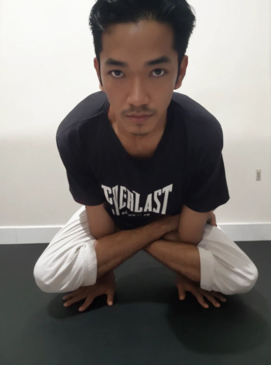 A man doing a yoga posture, identical pose as reference image, different hairstyle, Shaolin temple background, stocky build, extremely detailed and intricate fingers, long and delicate nails, sketch and painting style, wearing appropriate yoga attire, (best quality,4k,8k,highres,masterpiece:1.2),ultra-detailed,(realistic,photorealistic,photo-realistic:1.37),HDR,UHD,studio lighting,ultra-fine painting,sharp focus,physically-based rendering,extreme detail description,professional,vivid colors,bokeh,concept art