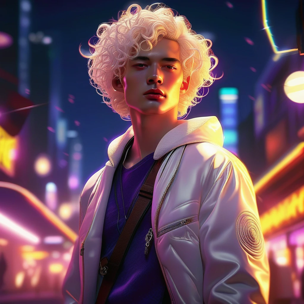 Cinematic photorealistic portrait of a young person with large curly white hair, pale albino skin, red eyes, very round and small head, small and thin white moustache. The subject is wearing a white jacket over a bright purple shirt. The lighting highlights the subject's hair and face, adding depth and contrast to the image.