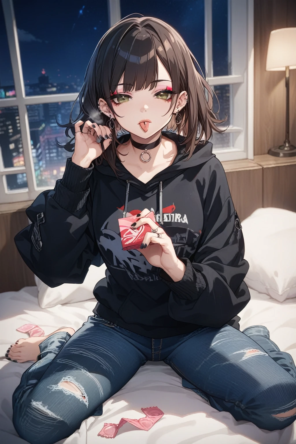 score_9, score_8_up, score_7_up, ((rating_safe)), masterpiece, best quality, very aesthetic, absurdres, 8k, 1girl, solo, looking at viewer, sitting on bed, black hair, bangs, brown eyes, medium hair, half-closed eyes, eyeshadow, bored, faint lips, nail polish, black neils, (silver ring, multiple rings), (ear piercing, industrial piercing), black hoodie, black choker, (denim jeans, damage jeans), (holding condom box, okamoto condoms), forked tongue, tongue piercing), tongue out, breath, gleaming skin, (night, faint light), hotelroom