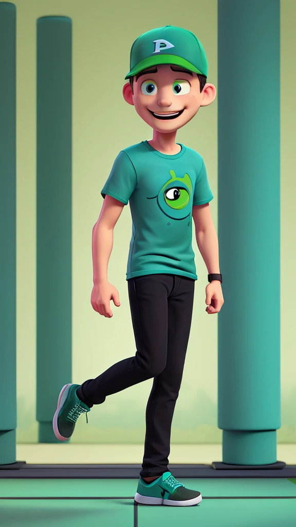 A man with big smile wearing teal green cap, and teal green t-shirt that writed "RUMAH ANDROID", black jeans, black shoes, crossing hand, 3d design character, body gesture happy, hands up jumping