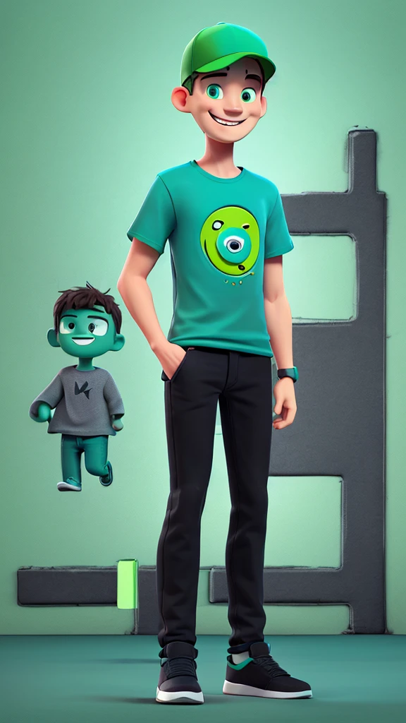 A man with big smile wearing teal green cap, and teal green t-shirt that writed "RUMAH ANDROID", black jeans, black shoes, crossing hand, 3d design character, body gesture happy, hands up jumping