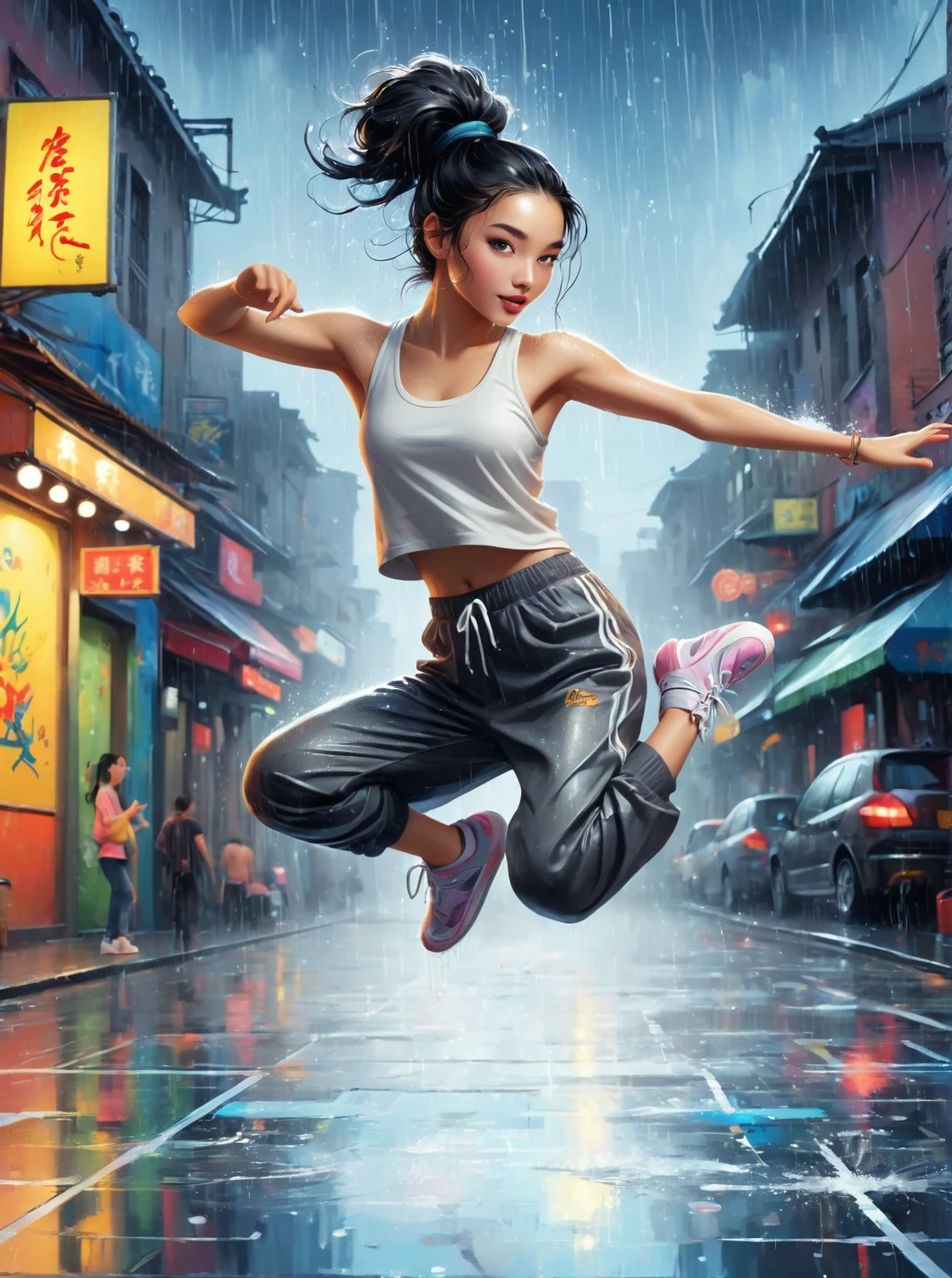 Cartoon illustration，Vector illustration，A girl full of energy，Showing off her breakdancing skills on a graffiti-covered urban dance floor，((beautiful eyes))，((Perfect and refined limbs))，She was barefoot，Loose and comfortable clothes，Perfect for dancing，Her black hair was tied into a high ponytail.，One hand rotation，Spin your feet in the air，(heavy rain:1.5)，(The scene is filled with cold rain)，The audience was impressed，She performed a complex move with ease.，The energy she captures is palpable，The air is filled with the rhythm of street music，(masterpiece，Best quality:1.2)，lifelike，Reality，梦幻般的Light芒，错综复杂的detail，Ultra Detailed，detail，High contrast，美丽细致的Light芒，Bright，更多detail，精细发Light，very fine 8K CG wallpaper，Depth of Field，Abuse of color difference，Soft colors，非常精致的Light线，眩Light，Light，Light粒子，reflection
